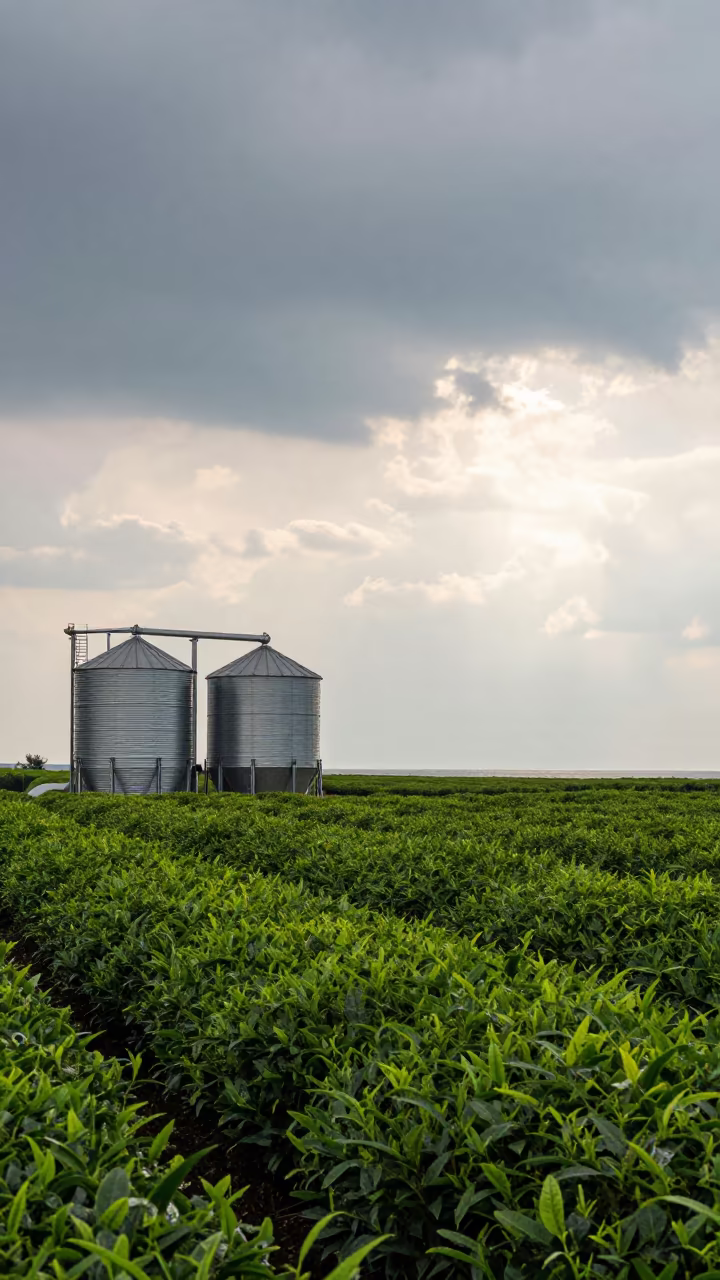 Grain Auger Against Copper Sky in Late Summer Rain in at the edge of a tea plantation in Ukraine