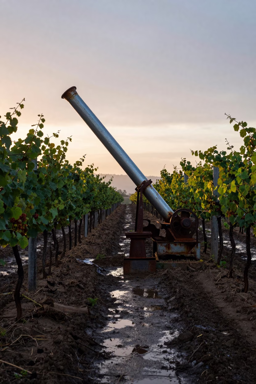 Grain Auger Against Copper Sky Vineyard Dawn in between vineyard trellises in Nabatieh
