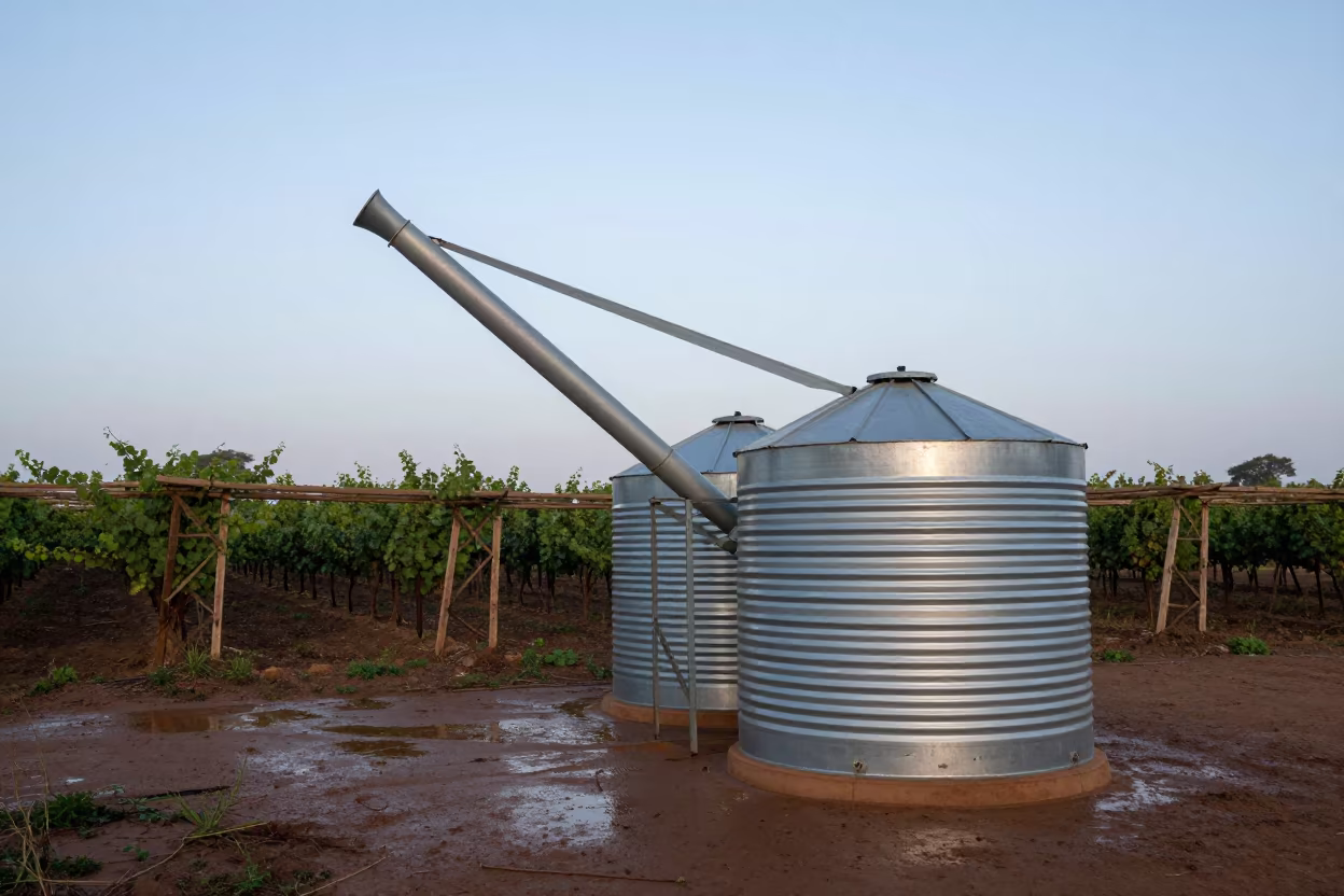 Grain Auger Beside Corrugated Bin in Niger Vineyard in between vineyard trellises in Niger