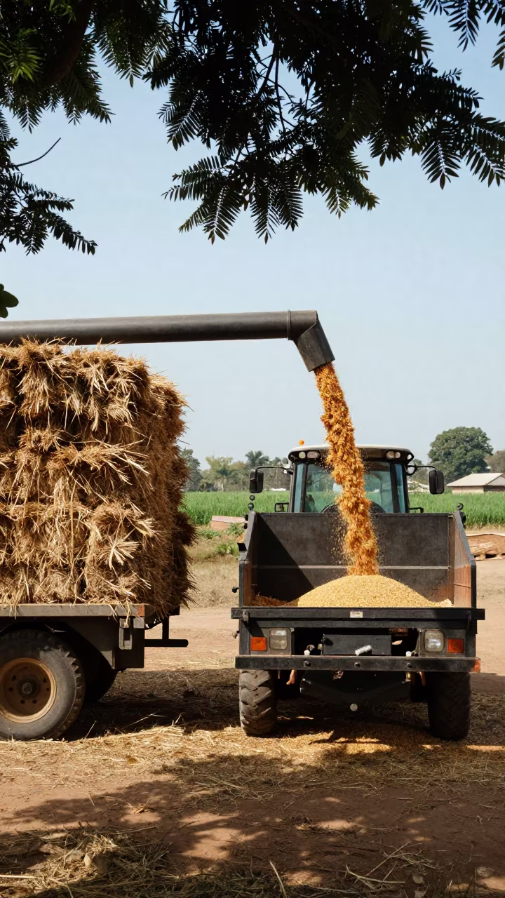 Grain Auger Loading Corn in Ghana in beside stacked hay bales in Ghana