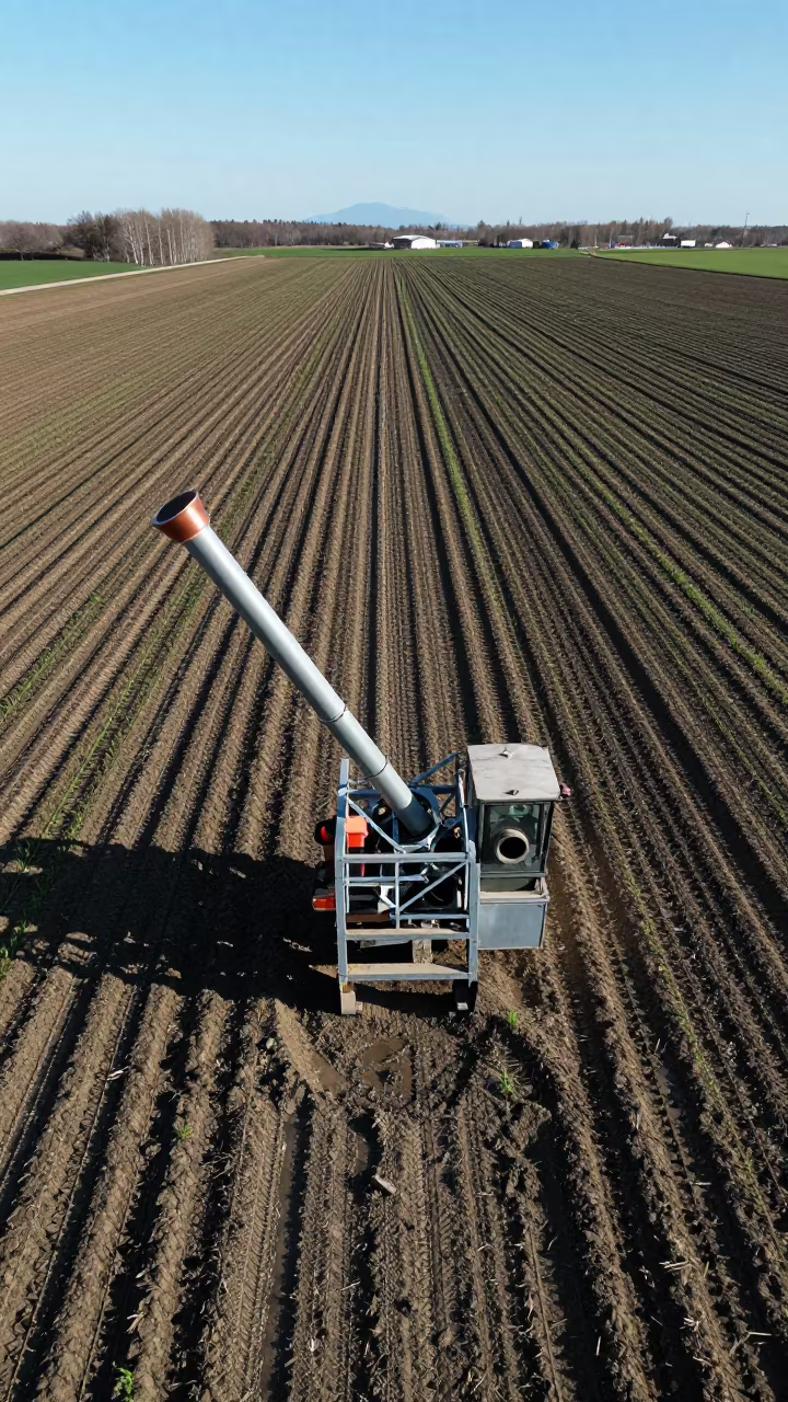 Grain Auger Over Irrigated Rows in Late Spring in along freshly irrigated rows in Rochester