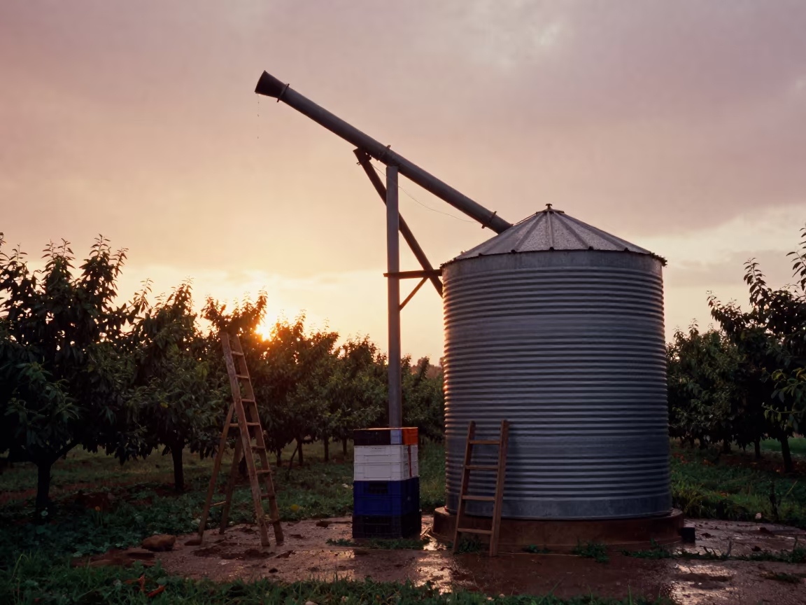 Grain Auger Silhouette at Sunset in Awka Orchard in among orchard ladders and crates in Awka