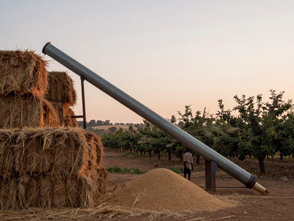 Grain Auger in Somali Orchard at Dawn in beside stacked hay bales in Somalia