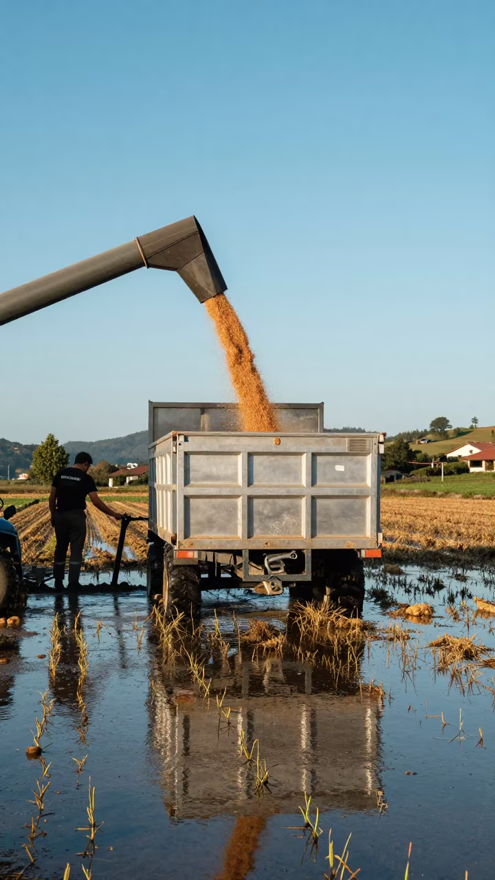 Grain Augers Fill Trailer in Asturian Field in across a harvested grain field in Asturias