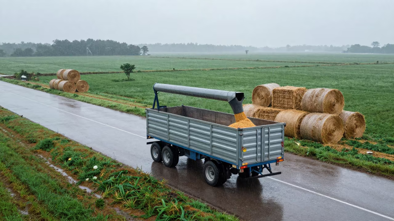 Grain Augers Filling Trailer in Awka Rain in beside stacked hay bales in Awka