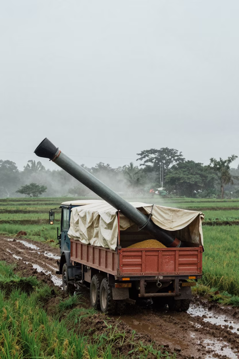 Grain Augers Filling Trailer at Dawn in Minatitlán in among terraced rice paddies in Minatitlán