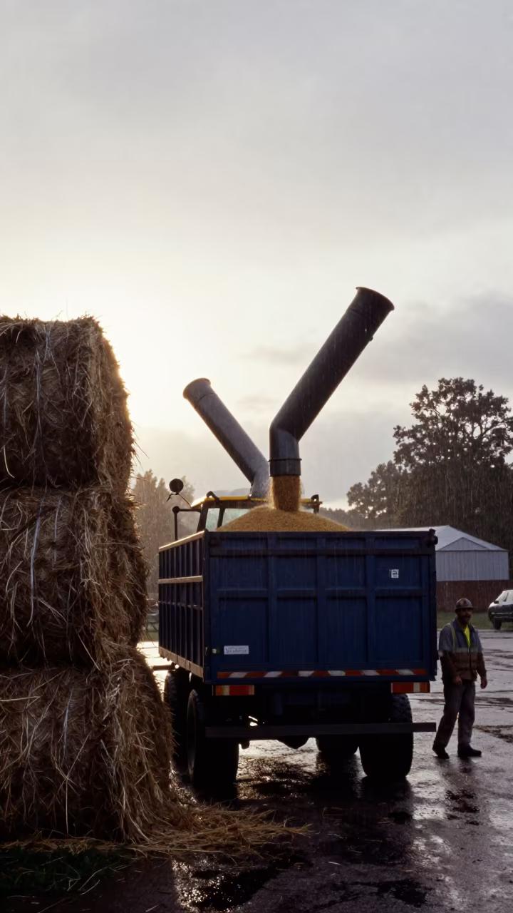 Grain Augers Filling Trailer in Monsoon Drizzle in beside stacked hay bales near Gothenburg