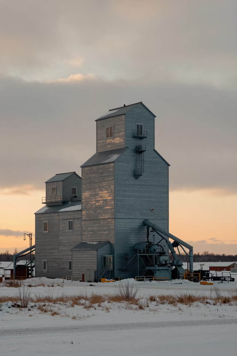 Grain Elevator Against Winter Prairie at Sunset in across an active works site near Lqliâa