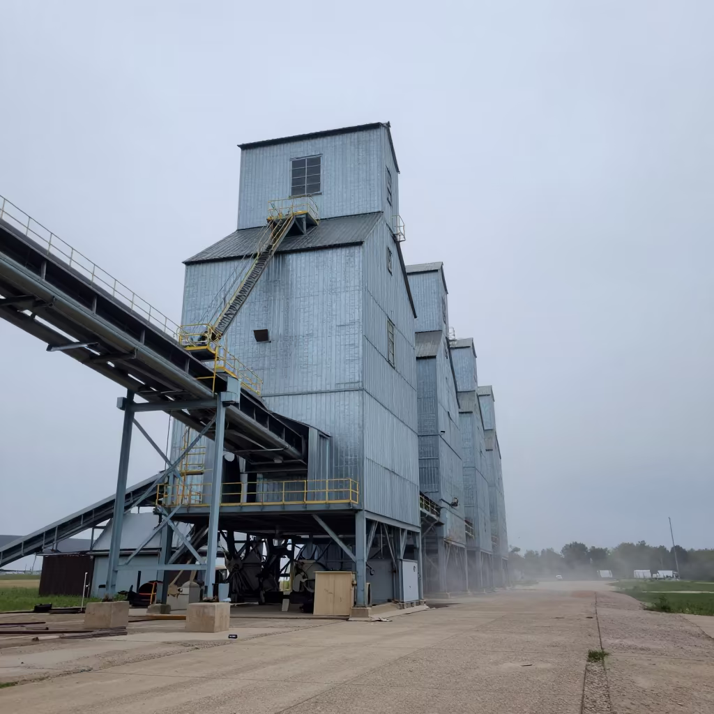Grain Elevator Chutes in Midsummer Wisconsin in across an active works site in Wisconsin
