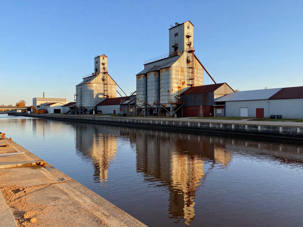 Grain Elevator District Water Reflection Early Autumn in inside a grain elevator near Lisbon