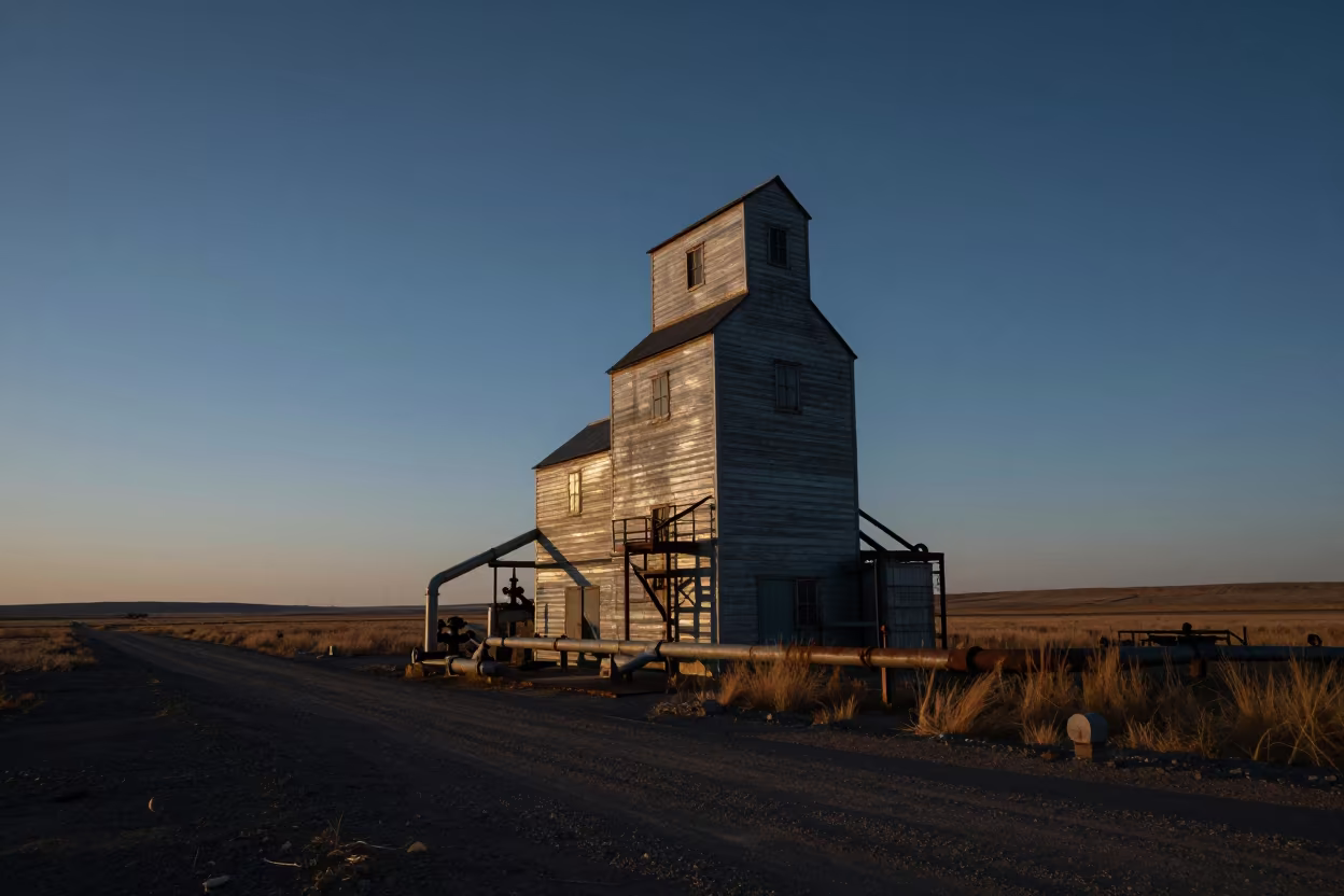 Grain Elevator in Predawn Shadow with Rim Light in along a service road lined with pipes near Khulna