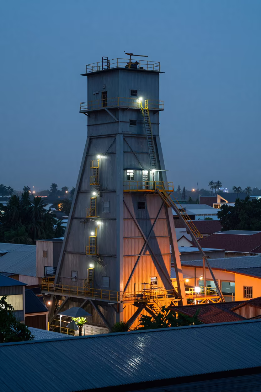 Grain Elevator Shadow Over Thai Town Twilight in beside exposed structural steel in Thailand