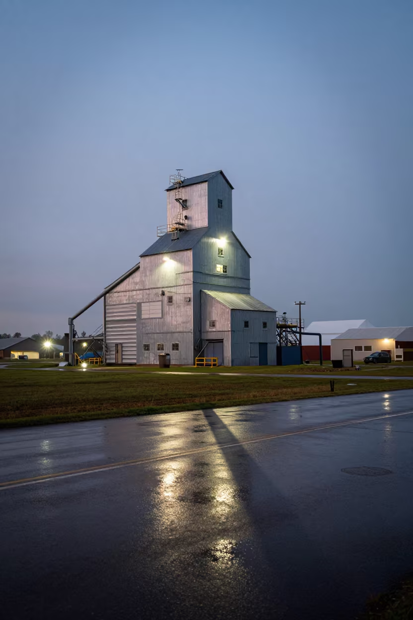 Grain Elevator Shadow Crosses Wet Prairie Town in near Bago