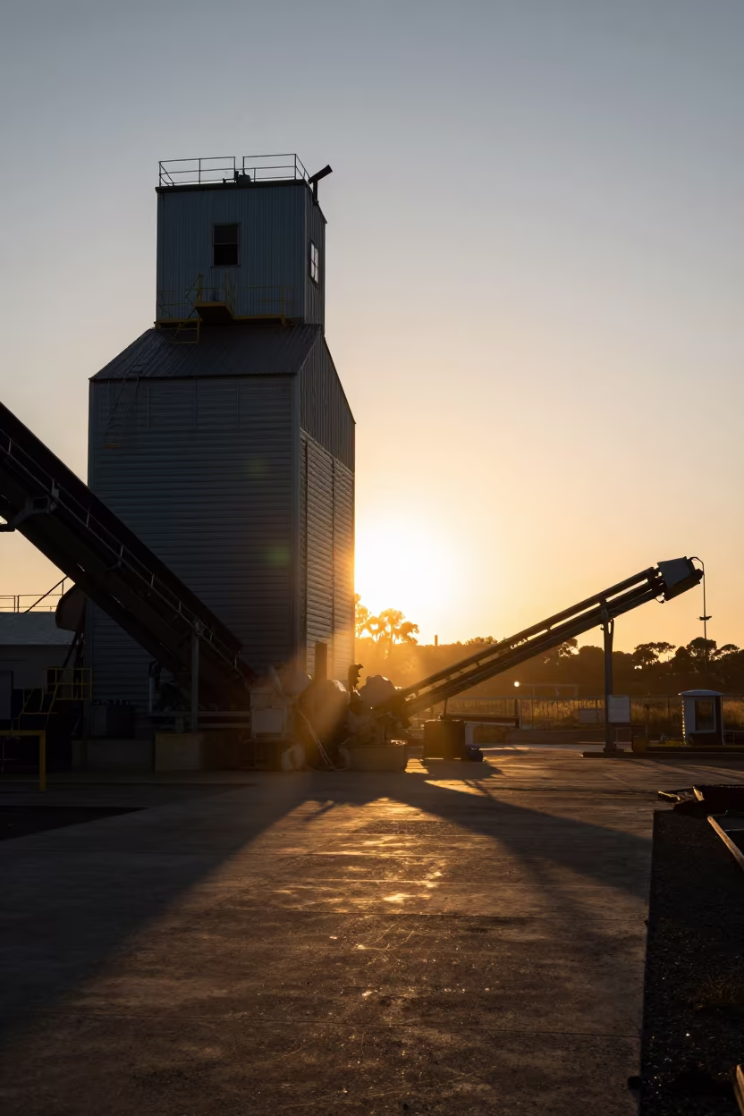 Grain Elevator Silhouette at Bondi Sunset in across an active works site near Bondi, Sydney