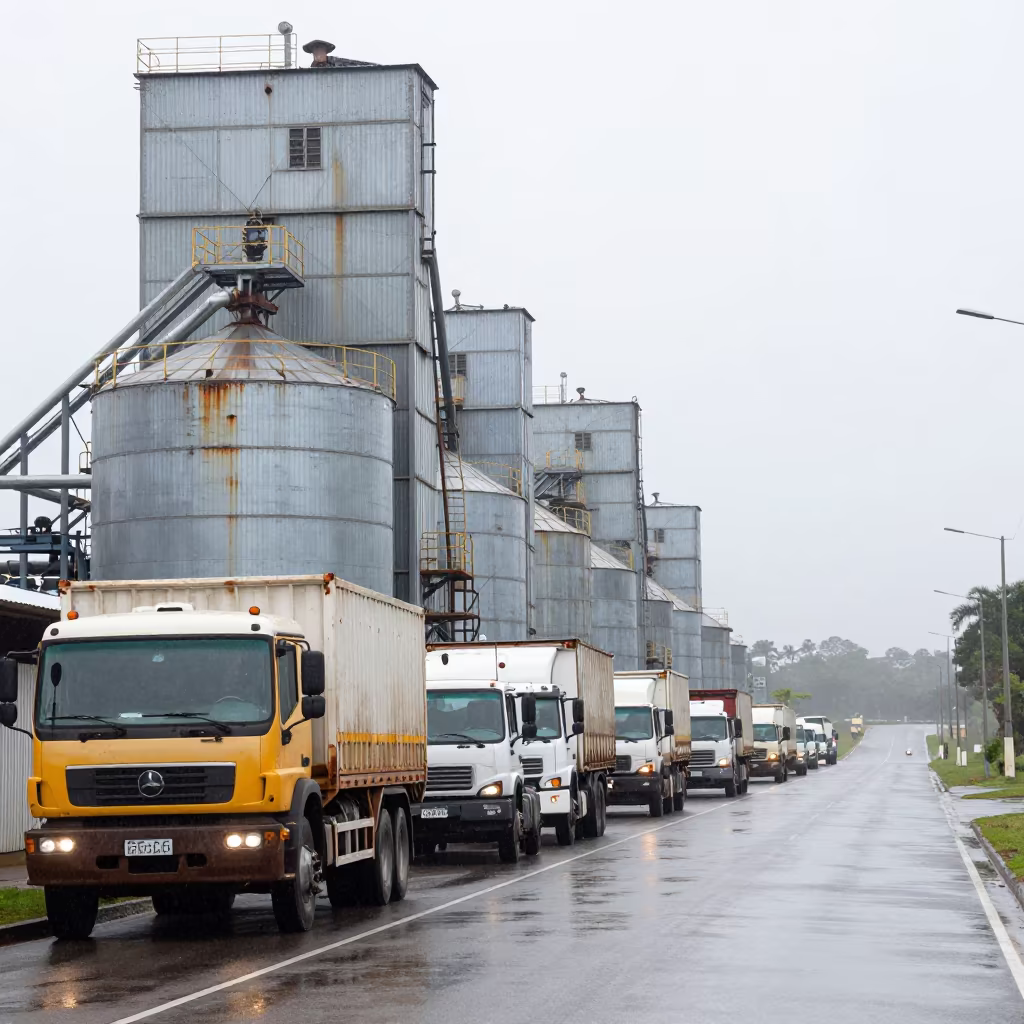 Grain Elevator Trucks in Rainy Salvador Harvest in along a service road lined with pipes near Salvador