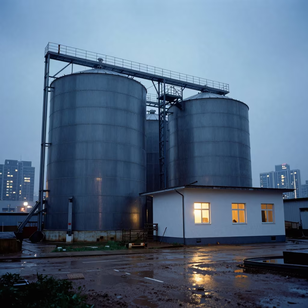 Grain Silo Home Near Shenzhen Worksite in across an active works site near Shenzhen