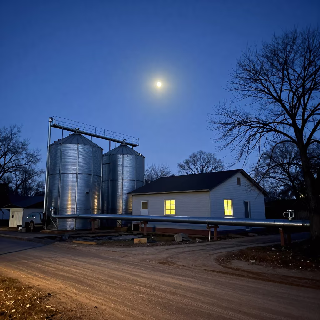 Grain Silo Home Under Winter Moonlight in along a service road lined with pipes in Paraná
