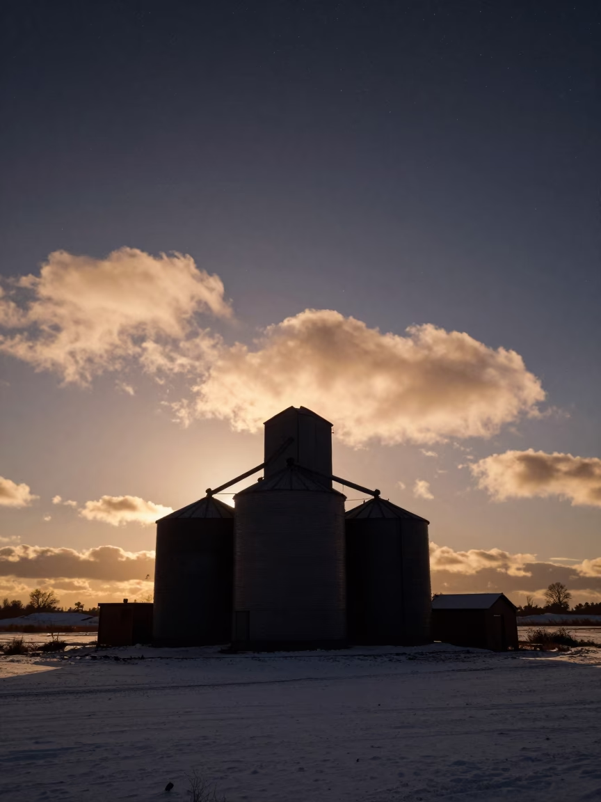 Silhouette of Grain Silo Under Winter Stars in beneath a hard winter sky over snowfields near Garoua