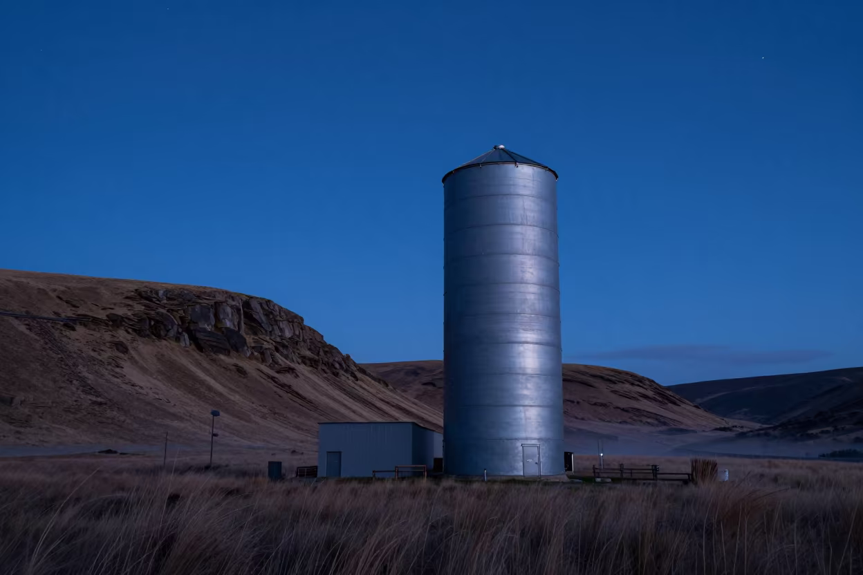 Grain Silo Against Starry Twilight Sky in beneath a wind-cut desert escarpment in the Lake District