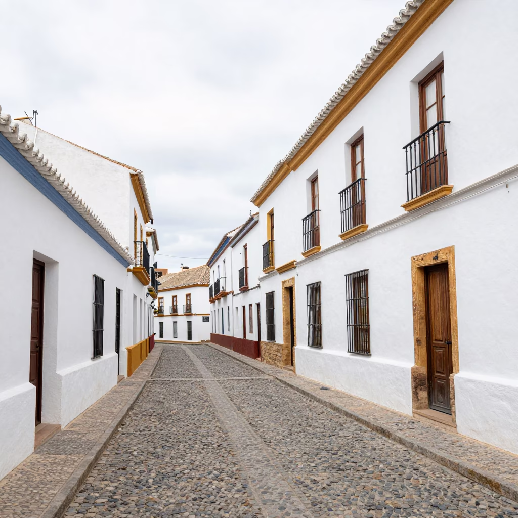 Granada Albayzin Cobblestones And White Washed Walls at Midday Light in in Granada, Spain