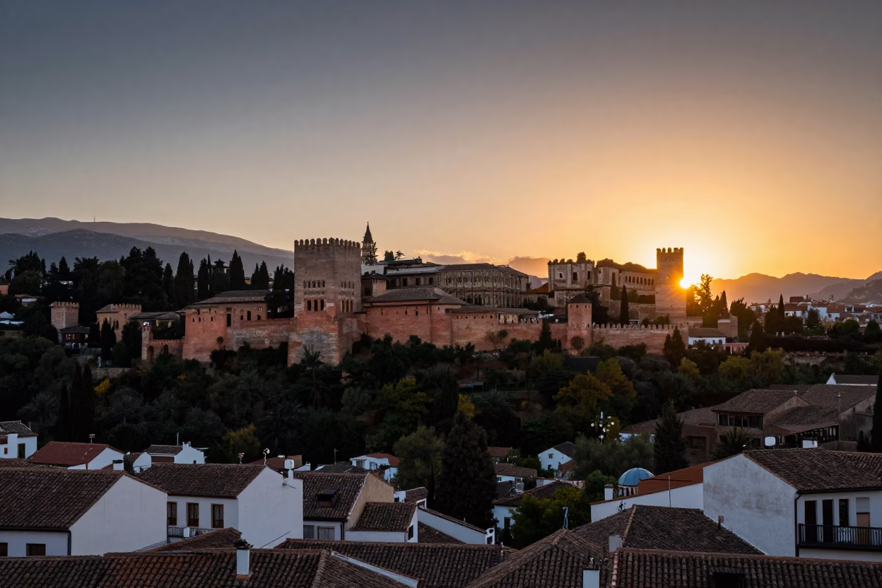 Granada Alhambra Fortress And Albaicin District From Mirador San Nicolas at Sunset Light in in Granada, Spain