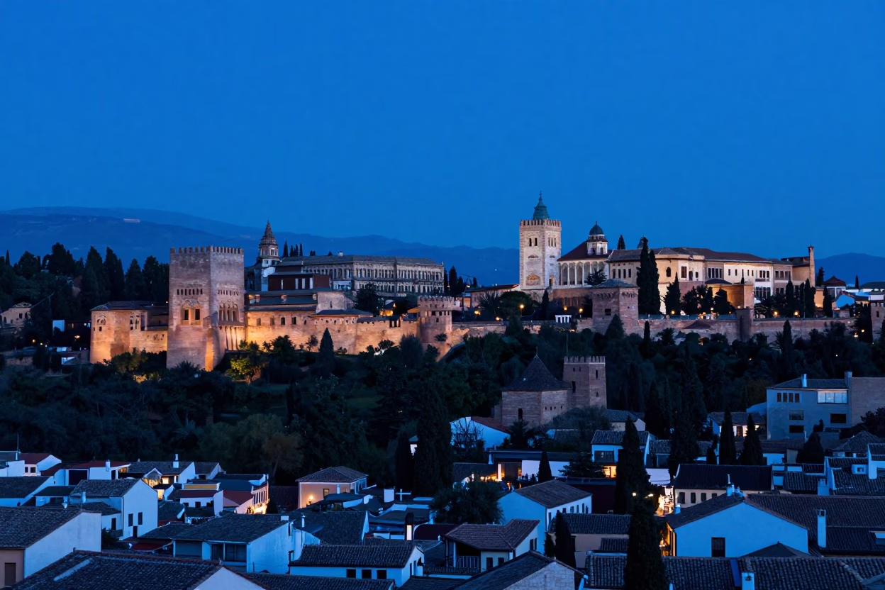 Granada Alhambra Fortress And Albaicin District Rooftops at Indigo Twilight After Sunset in in Granada, Spain