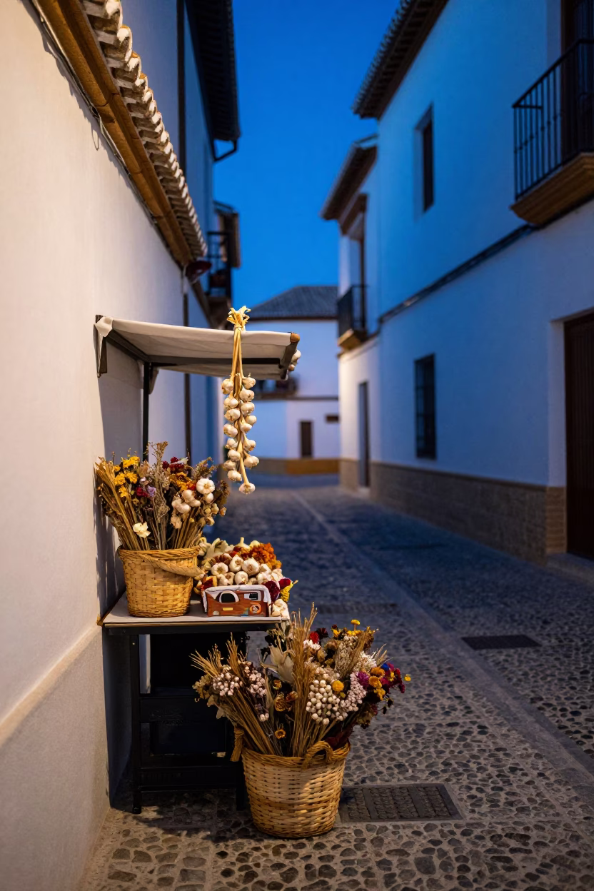Granada Blue Hour Street Scene With Dried Flowers And Garlic Bulbs in in Granada, Spain