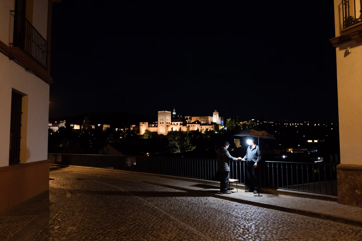 Granada Night Scene at The Deepest Night Sky Light in in Granada, Spain