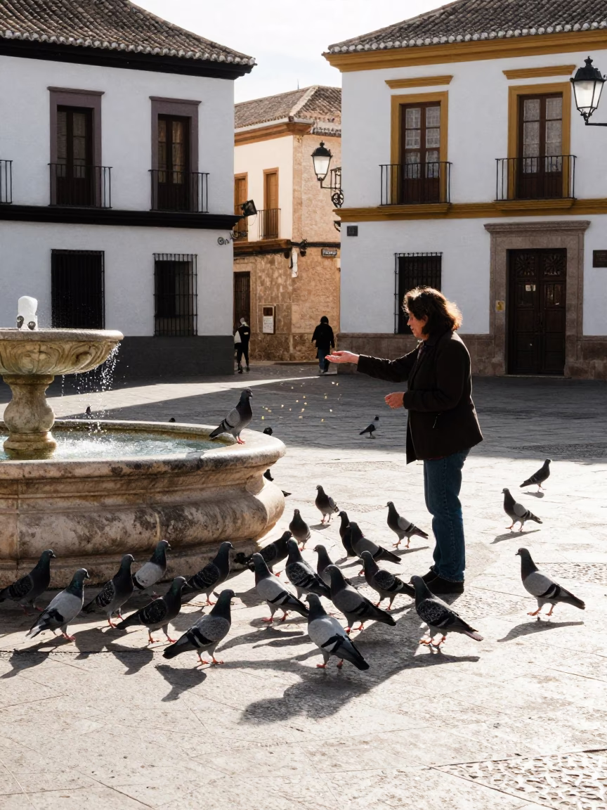 Granada Spain Afternoon Street Scene with Woman Feeding Pigeons in Plaza in in Granada, Spain