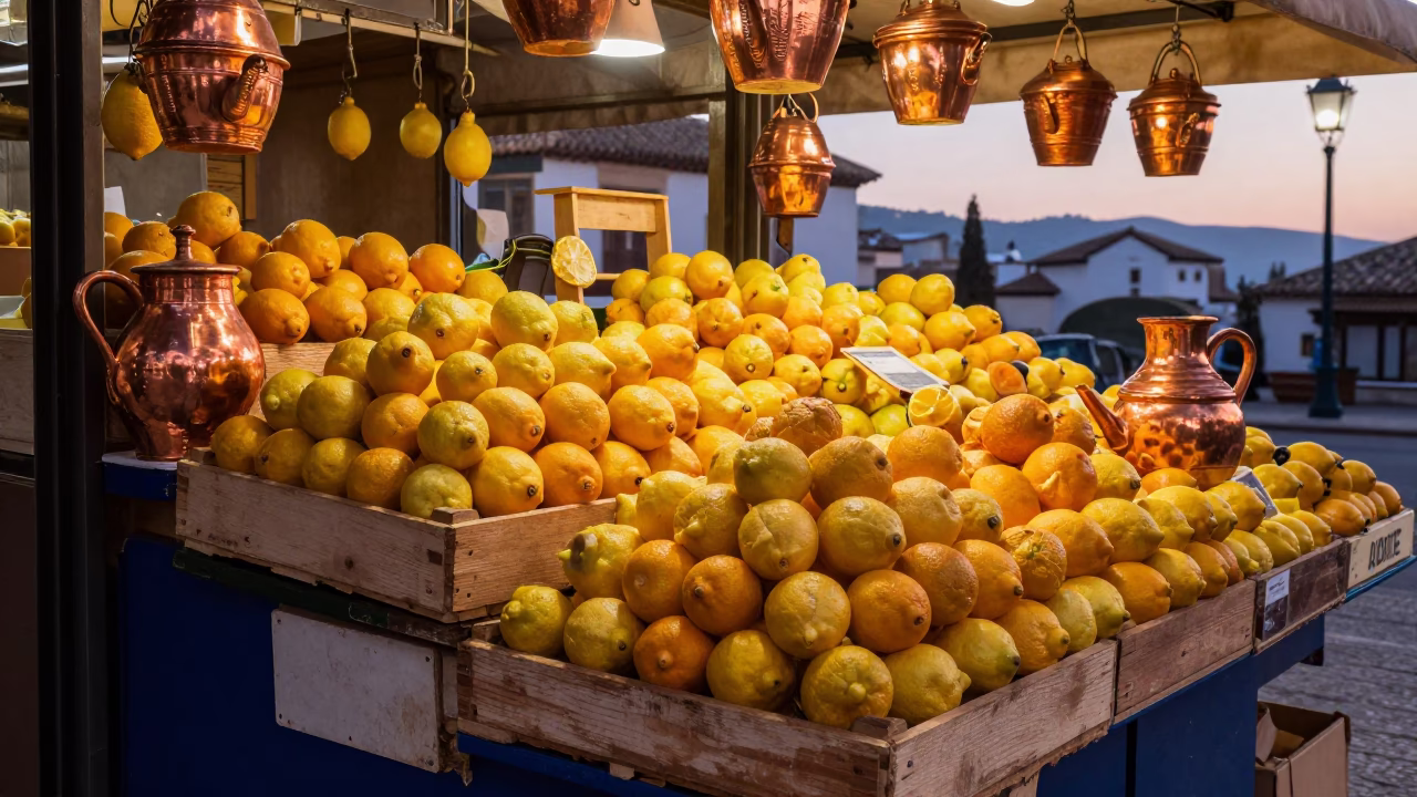 Granada Spain Alhambra View Copper Dusk Lemon Market Stall Potted Herbs Watering Can in in Granada, Spain