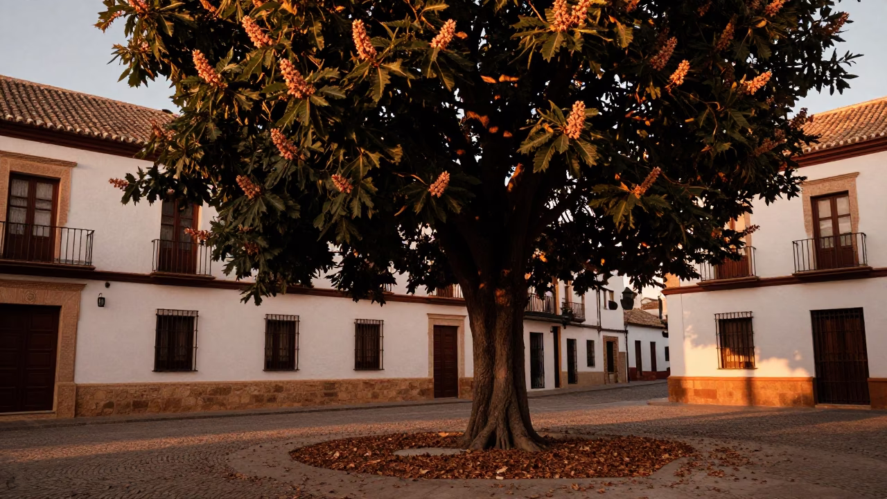 Granada Spain Alhambra View Copper Light Chestnut Tree Husks Street Scene in in Granada, Spain