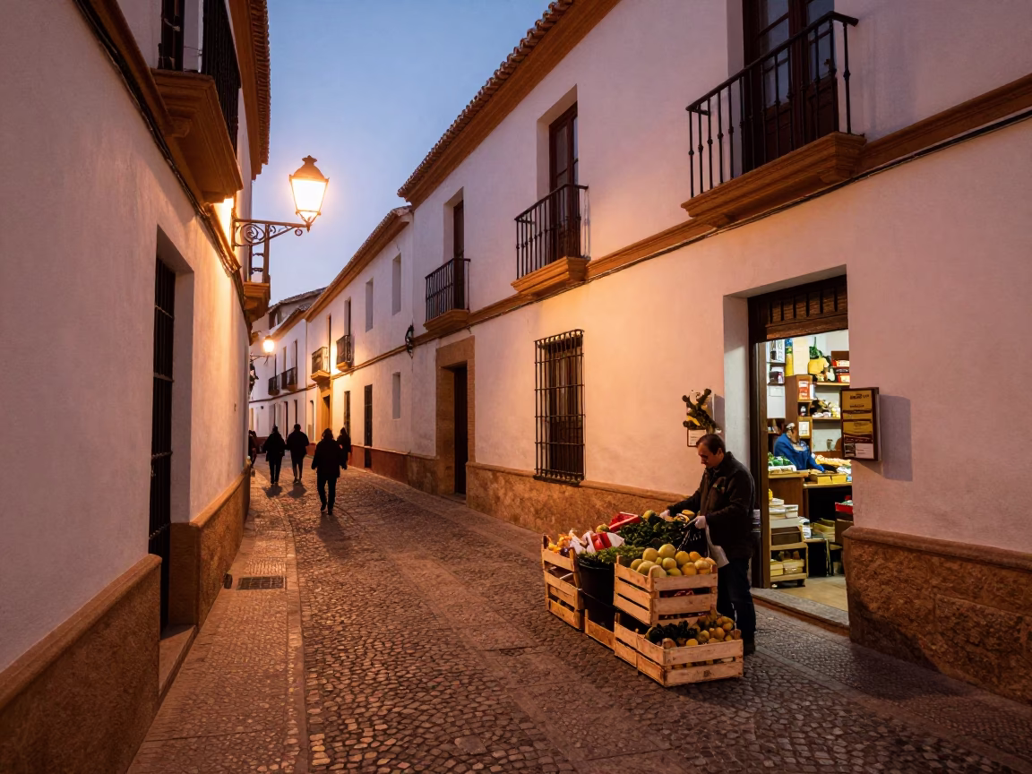 Granada Spain Before Dusk Copper Light Busy Street Scene with Local Details in in Granada, Spain
