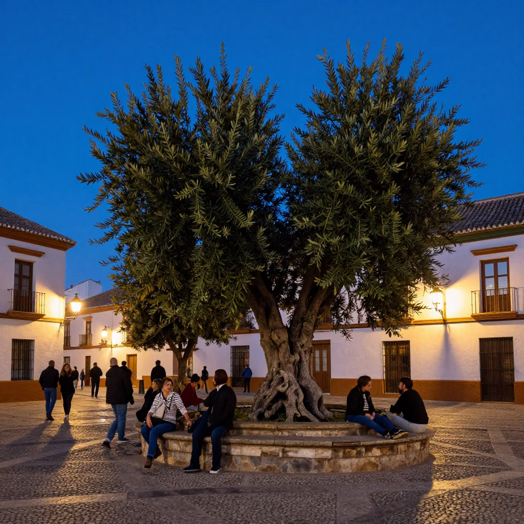 Granada Spain Blue Hour Street Scene with Ancient Olive Tree and Local Market Activity in in Granada, Spain