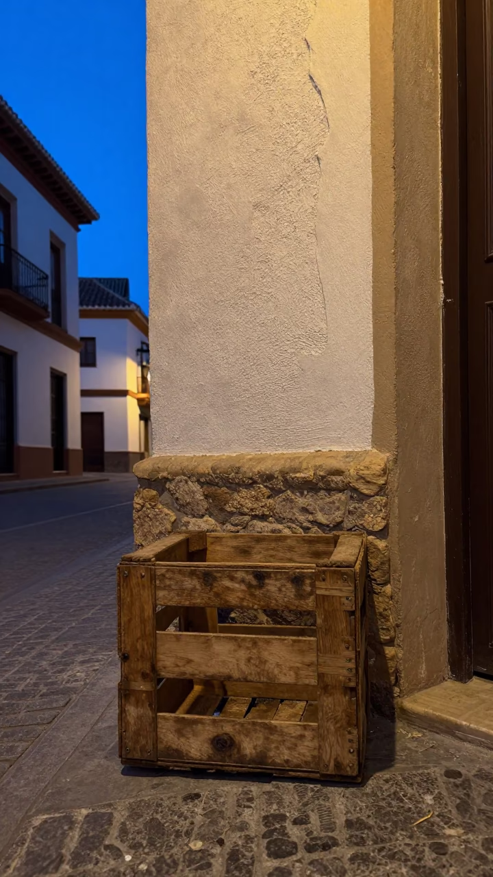 Granada Spain Blue Hour Street Scene with Crate and Doorframe in in Granada, Spain