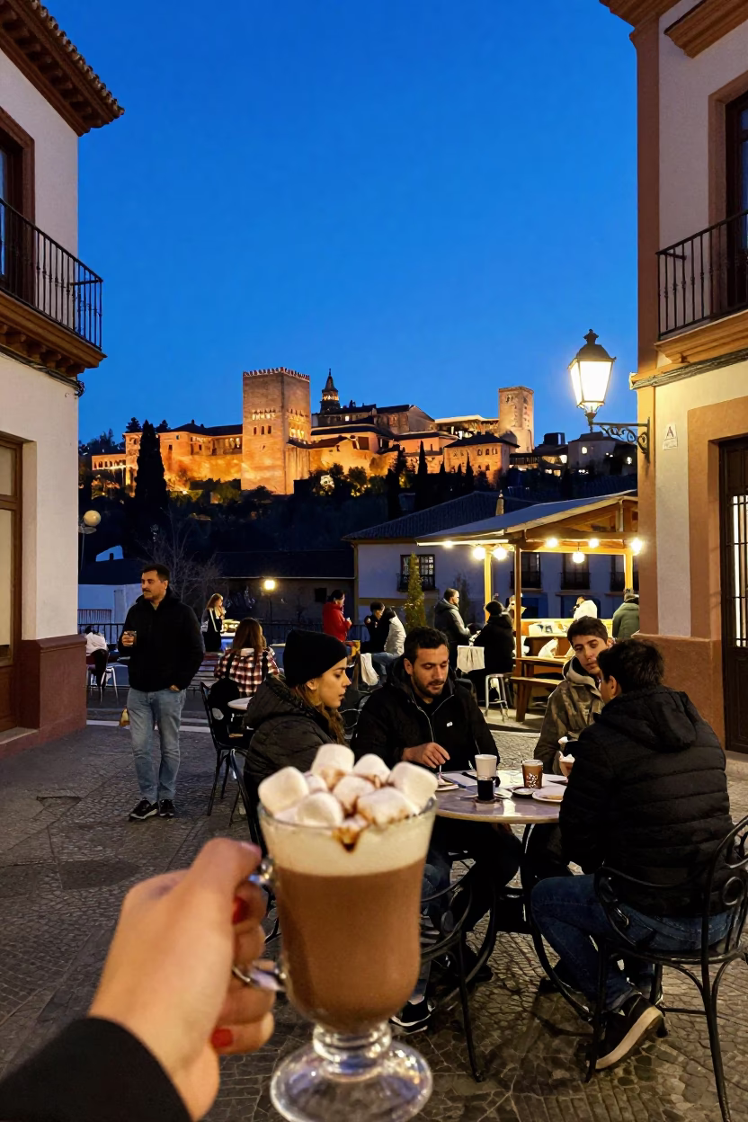 Granada Spain Blue Hour Street Scene with Hot Chocolate and Marshmallows in in Granada, Spain