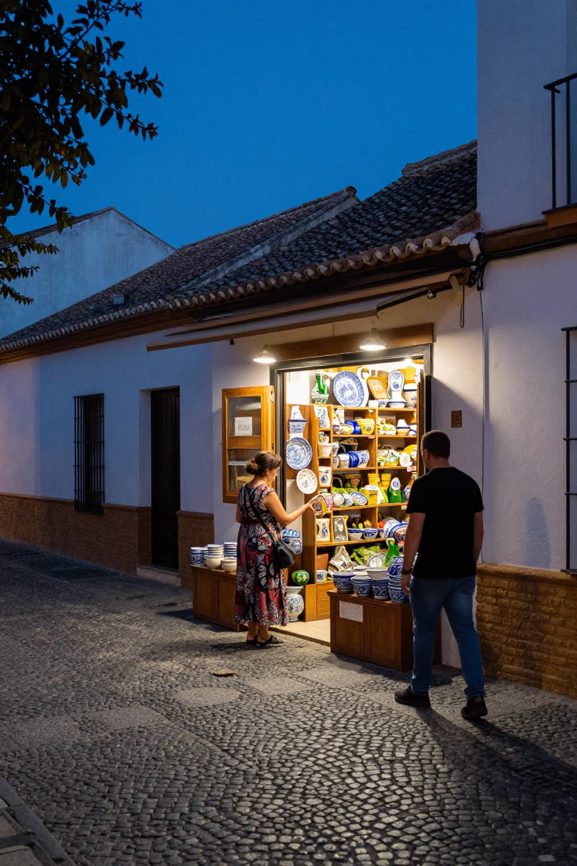 Granada Spain Blue Hour Street Scene with Local Commerce and Daily Life in in Granada, Spain