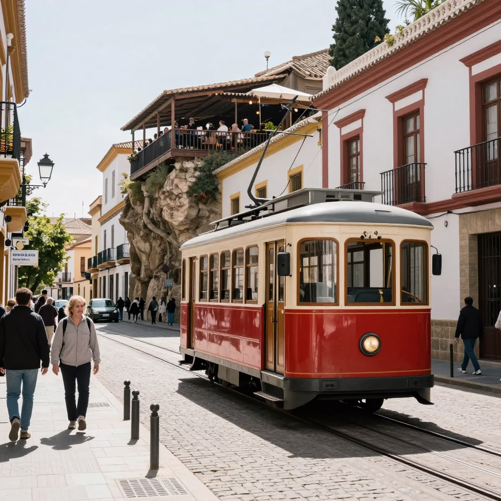 Granada Spain Bright Midmorning Street Scene with Funicular and Tamarind Tree in in Granada, Spain