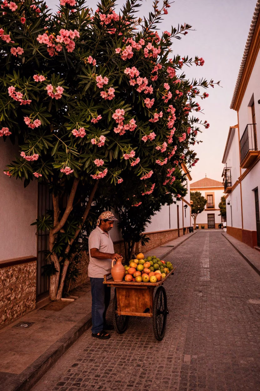 Granada Spain Copper Dusk Street Scene with Oleander Hedge and Ceramic Pitcher in in Granada, Spain