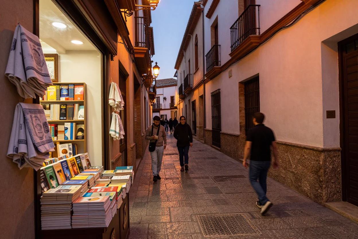 Granada Spain Copper Dusk Street Scene with Tea Towels and Library Books in in Granada, Spain