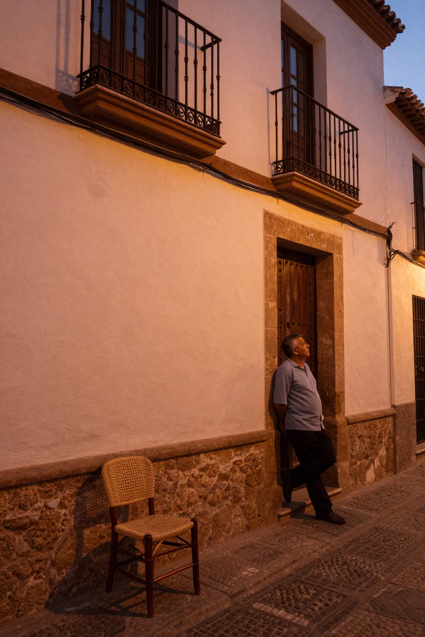 Granada Spain Copper Dusk Street Scene with Woven Cane Chair and Local Interaction in in Granada, Spain
