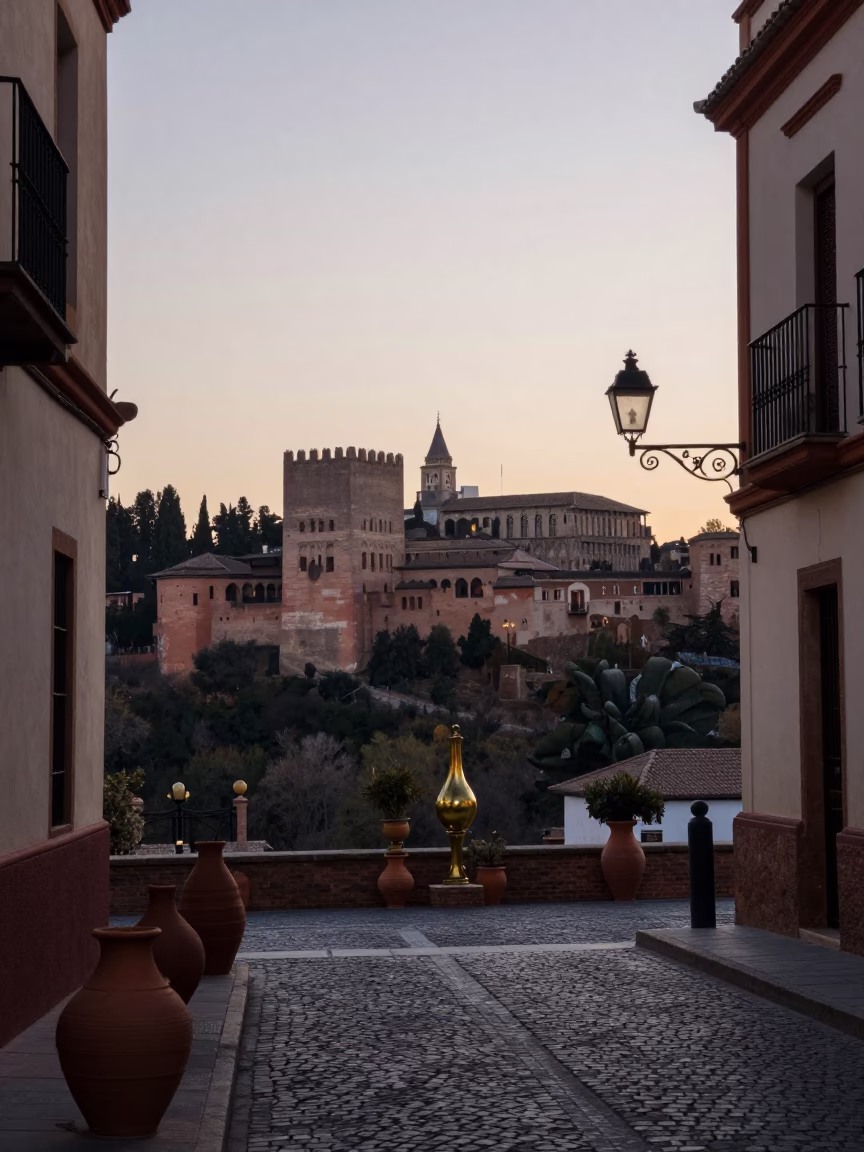Granada Spain Dawn Street Scene with Clay Pots and Brass Hardware in Alhambra Neighborhood in in Granada, Spain