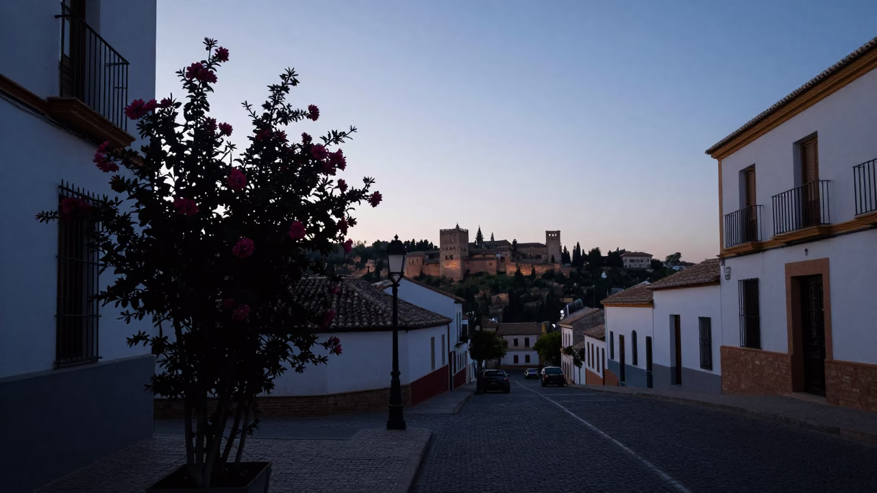 Granada Spain Dawn Street Scene with Flowering Plant and Local Market Atmosphere in in Granada, Spain