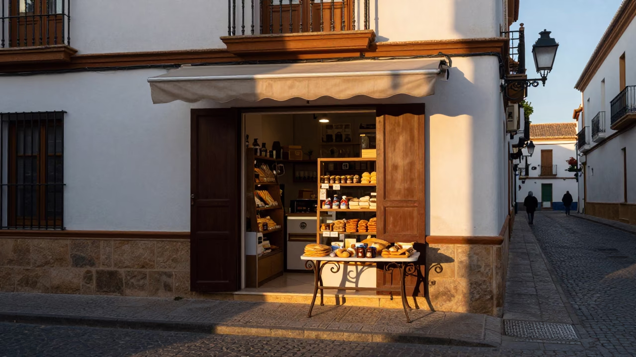 Granada Spain Dawn Street Scene with Local Bakery Display at First Light in in Granada, Spain