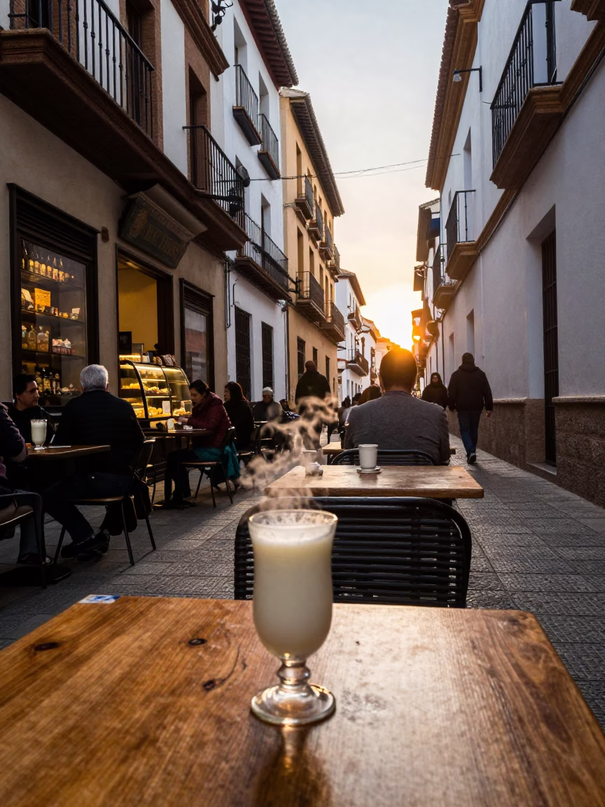 Granada Spain Dawn Street Scene with Local Bakery Goods and Morning Commuters in in Granada, Spain