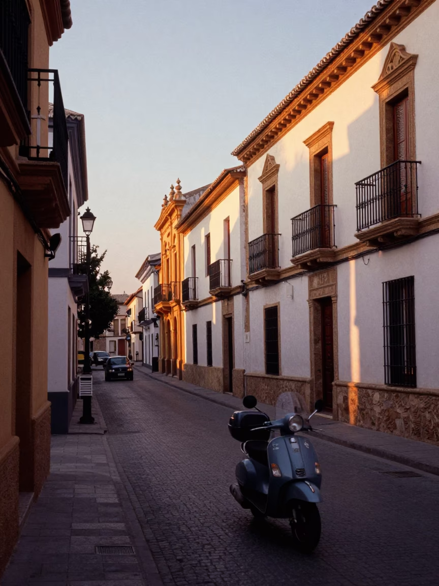 Granada Spain Dawn Street Scene with Scooter and Old Town Architecture in in Granada, Spain