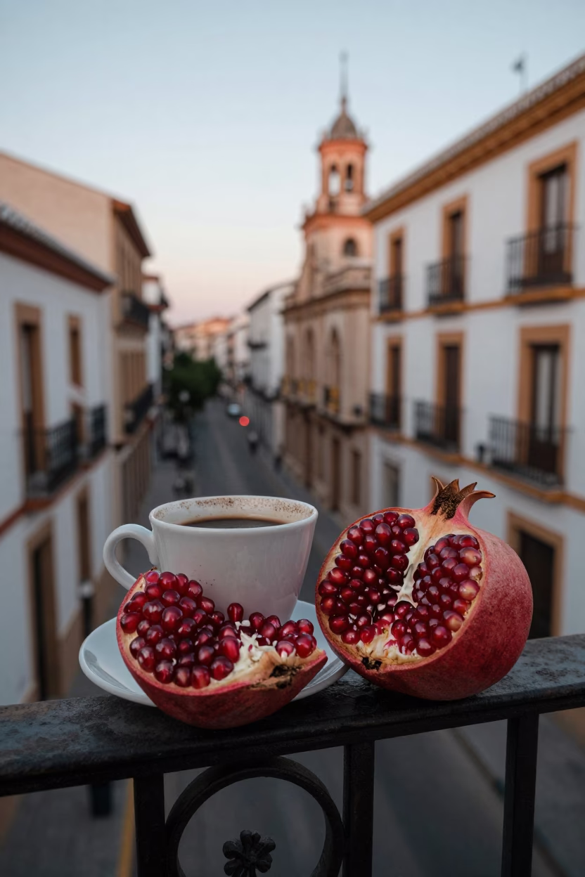 Granada Spain Dawn Street Scene with Split Pomegranate and Ceramic Cup on Balcony in in Granada, Spain