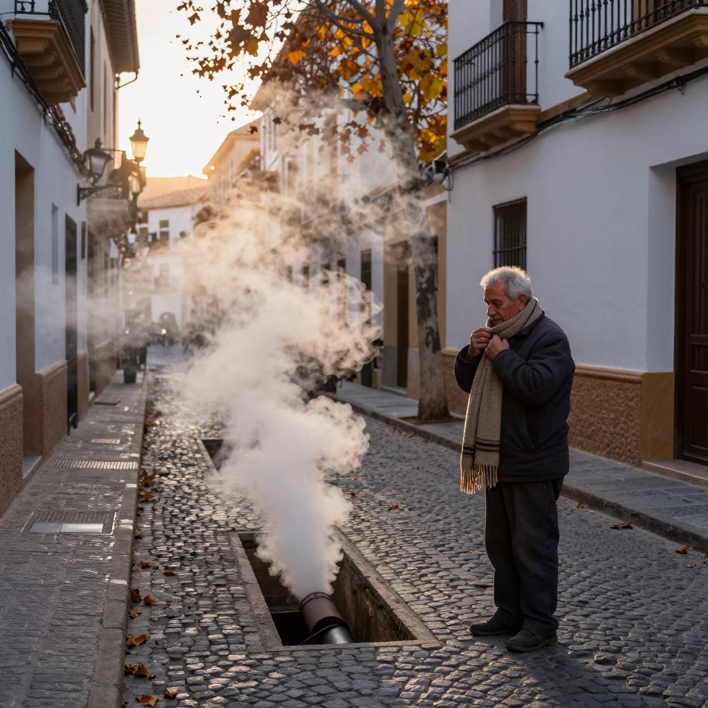 Granada Spain Dawn Street Scene with Steaming Pipe and Autumn Leaves in in Granada, Spain