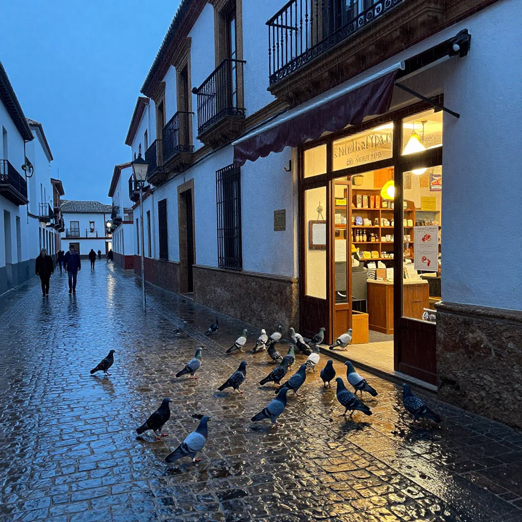 Granada Spain Dusk Rainy Street Scene with Pigeons and Shop Display in in Granada, Spain