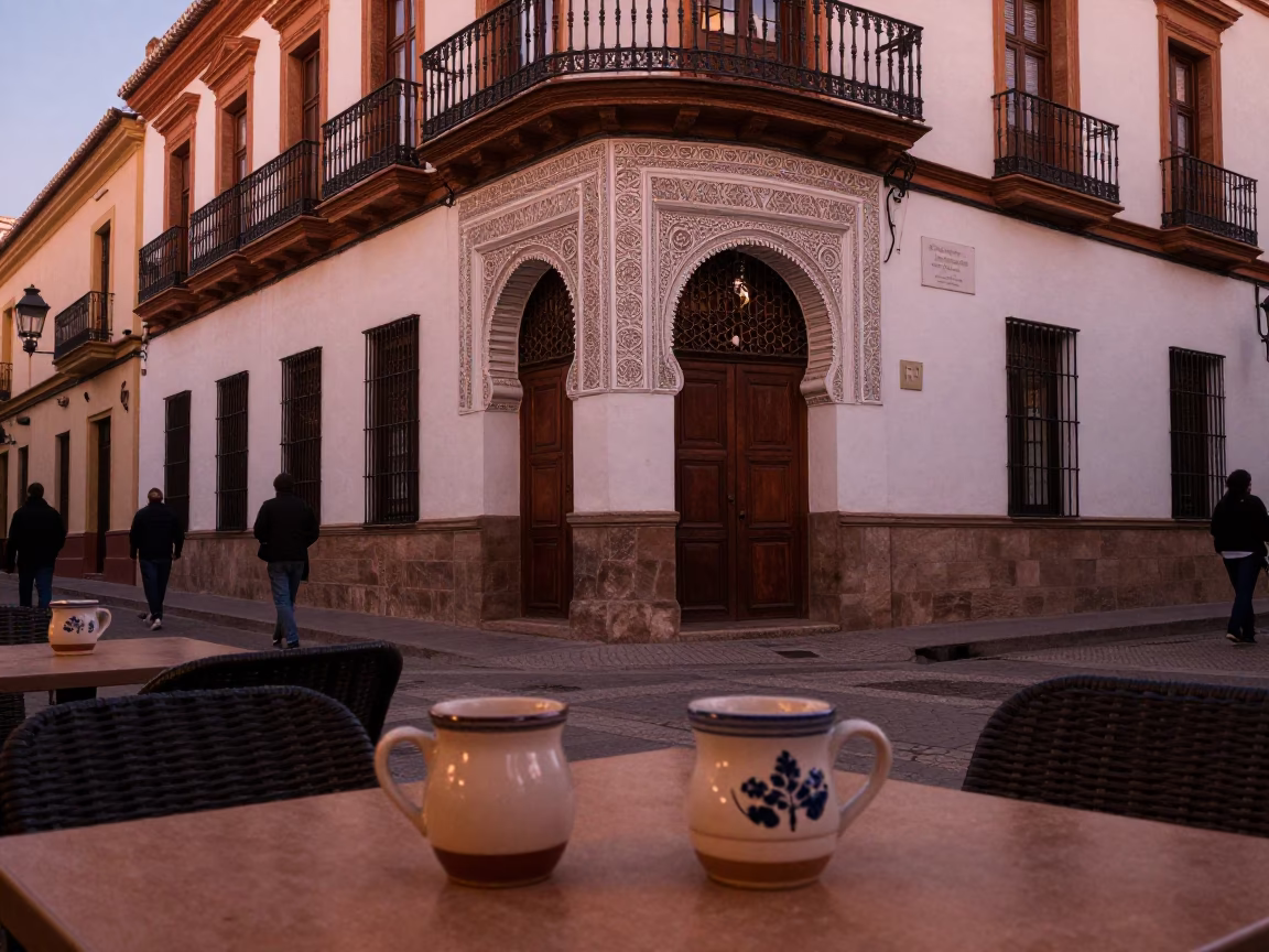 Granada Spain Dusk Street Scene with Ceramic Mugs on Cafe Table in in Granada, Spain