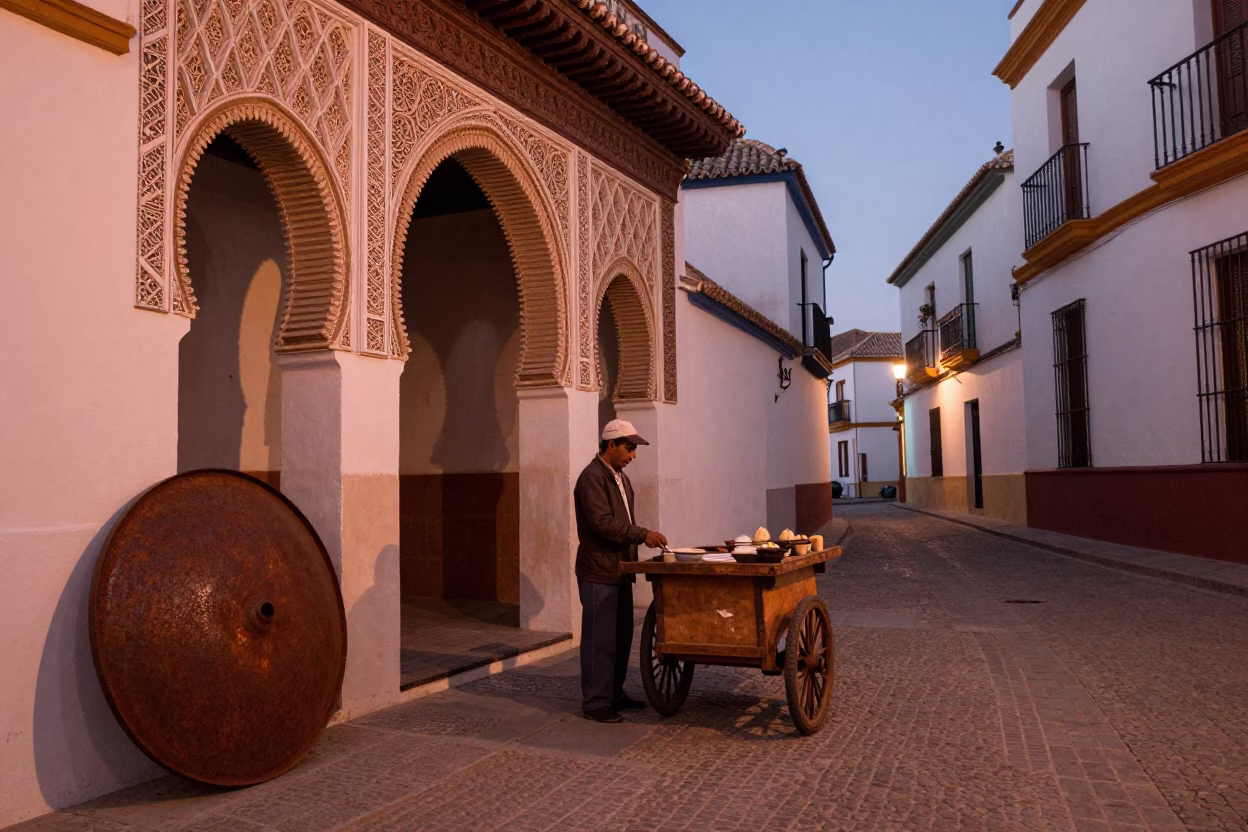 Granada Spain Dusk Street Scene with Rusty Pot Lid and Coat Stand in in Granada, Spain